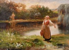 Late 19th Century French School, Washerwoman collecting water, oil on canvas, indistinctly signed '