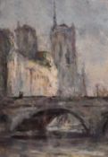 Early 20th Century French Impressionist School, Figures on the Pont Neuf with Notre Dame beyond, oil