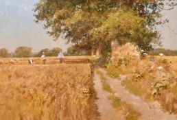 John Haskins (b. 1938) British, Summer scene, with men scything the hay, beside a track with