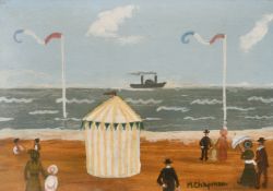 Margaret Chapman (1940-2000) British, Figures on a French beach with a paddle steamer ship beyond,