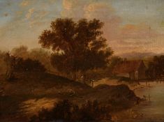 Charles Morris Senior, A figure resting by a lake with a cottage beyond, oil on canvas, signed, 8