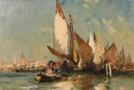 Edward Aubrey Hunt (1855-1922) American, A scene of sailboats in a Venetian lagoon, oil on canvas,