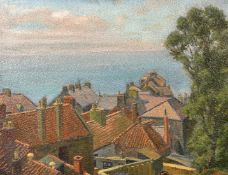 James Proudfoot (1908-1971) British, Rooftops with a coastal scene beyond, oil on board, signed, 14