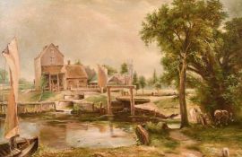 20th Century English School, A watermill by a lock with a church beyond, oil on canvas, 16