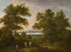 Attributed to Mason Chamberlain Jnr, (18th/ 19th Century) Landscape with workers, a lake with
