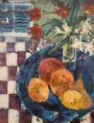 20th Century School, A still life study of fruit and flowers with a harbour through the window,