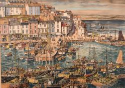 Clarence E. Blackburn (1914-1984) British, 'Brixham', a view of a busy harbour, watercolour, signed,