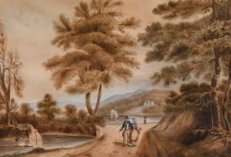 English School circa 1819, Figures and a horse resting by a mountain lake, watercolour, signed
