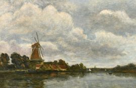 Modern British School, River landscape with windmill, oil on board, 13