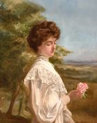 E. Hue Willams, Portrait of a lady holding a pink rose, oil on canvas, signed and dated 1910, 18