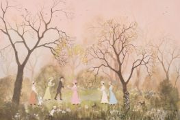 After Helen Bradley, Figures and flowers in a garden, colour print, 14