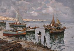 Ciro Canzanella (b.1948) Italian, Fishermen by moored boats with a bay and town beyond, oil on