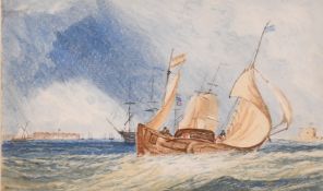 19th Century English School, A rowing boat amongst shipping, watercolour, 6