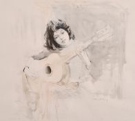 Robert King (born 1936) British, 'Girl with a guitar', watercolour, signed, exhibition label