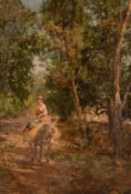 Eduardo Matania (1847-1929) Italian, A young woman on a donkey on a sunlit woodland path, oil on