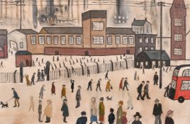 Follower of Lowry, Factory scene with workers and figures on the street, oil on canvas 15.75