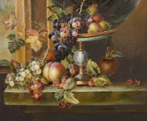 B. Ward (20th Century), A still life of fruit and vines on a marble ledge, oil on canvas, signed,