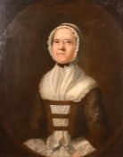An 18th Century half-length portrait of a lady in a lace headdress, possibly American, oil on