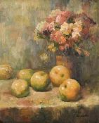 20th Century, A still life study of fruit and flowers on a tabletop, oil on board, signed J. Howard,