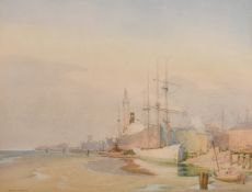 Watson Charlton (b.1887-?) 'Shipping in a dock with a minaret beyond', watercolour, signed, 15.25