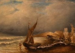 19th Century, Shore scene with a beached fishing boat and figures, oil on board, 12