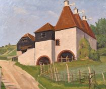 Frank Runacres (1904-1974) British, Farm buildings by a pathway, oil on panel, signed and dated