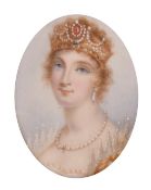 An oval portrait of a Young Lady in a silver and diamond frame, 1.75