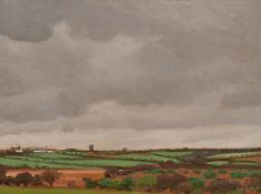 Robert Morson Hughes (1873-1953) British, Patchwork fields with building in the distance, oil on