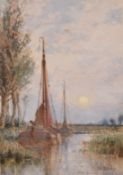 Frederick James Aldridge (1850-1933) British, A scene of barges on a river at dusk, watercolour,