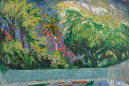 Jonathan Adams (1931-2005) British, 'Hati landscape 1983', oil on board, 19.5