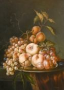 20th Century School, A still life of mixed fruit on a platter, oil on panel, signed S. Judge?, 16