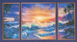 Christian Riese Lassen (b.1955) American, A triptych print, depicting a colourful ocean, with sunset