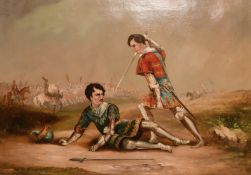 19th Century English School, A battle scene with a victorious swordsman and lines of cavalry in