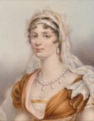 A very good miniature of a young lady in a gilt and blue enamel frame, 3.5