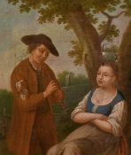 17th/18th Century, A young woman seated under a tree being serenaded by a young man playing a flute,
