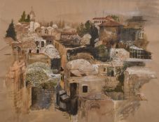 20th Century School, circa 1978, A view of rooftops in an Eastern city, watercolour, indistinctly
