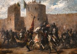 Spanish School (19th Century) A battle scene with solders on horseback by fortifications, oil on