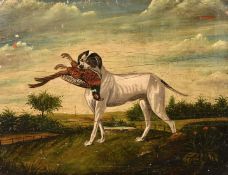 Naive School, Dog with a pheasant in a garden landscape, oil on board, 12.5