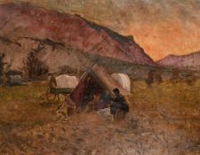 Anshelm Schultzberg (1862-1945) Swedish, Wagons and an encampment in Colorado at dusk, circa 1904,