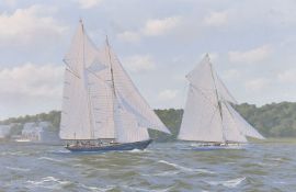 Ron Charles Mitchell (b. 1960) British, A view of vintage yachts racing off the Isle of Wight, oil