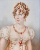 A very good miniature of a Young Lady in a blue enamel frame, 3.25