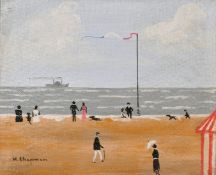 Margaret Chapman (1940-2000) British, Figures and dogs on a French beach with a paddle steamer
