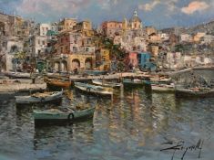 Ciro Canzanella (b.1948) Italian, Fishing boats moored in a colourful port, oil on canvas, signed