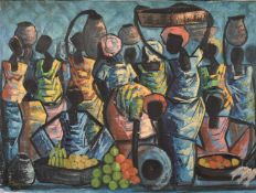 Circle of Maurice van Essche, Women at a market, oils on canvas, both signed Magda, 14
