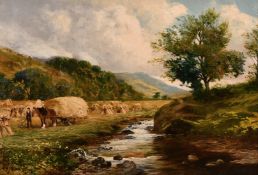 Charles W. Middleton (1878-1952) British, A harvesting scene by a river with mountains beyond, oil