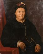 19th Century English School, A portrait of a seated lady with flowers in her bonnet, oil on