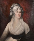 Circle of John Hoppner, Portrait of a lady in a white dress with a sash, oil on canvas 30