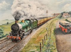 David Barnes, 'The Competition', train on the tracks and bus on the road, acrylic, signed, 13.25