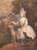 19th Century English School, A portrait of a young lady and her pets, watercolour, 12.5