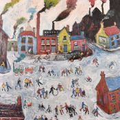 Simeon Stafford (b. 1956) British, 'Street in Salford', figures in a busy street with factory